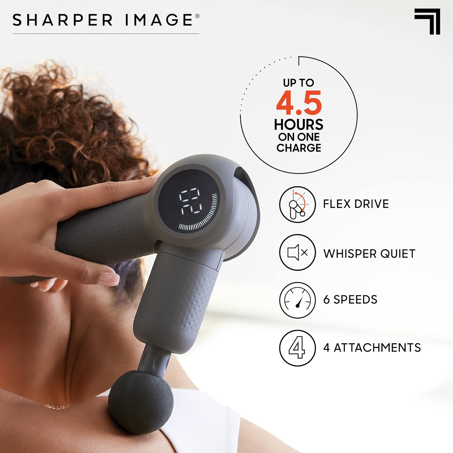 Person holding the massager, highlighting features like Flex Drive, Whisper Quiet, 6 Speeds, and 4 Attachments.
