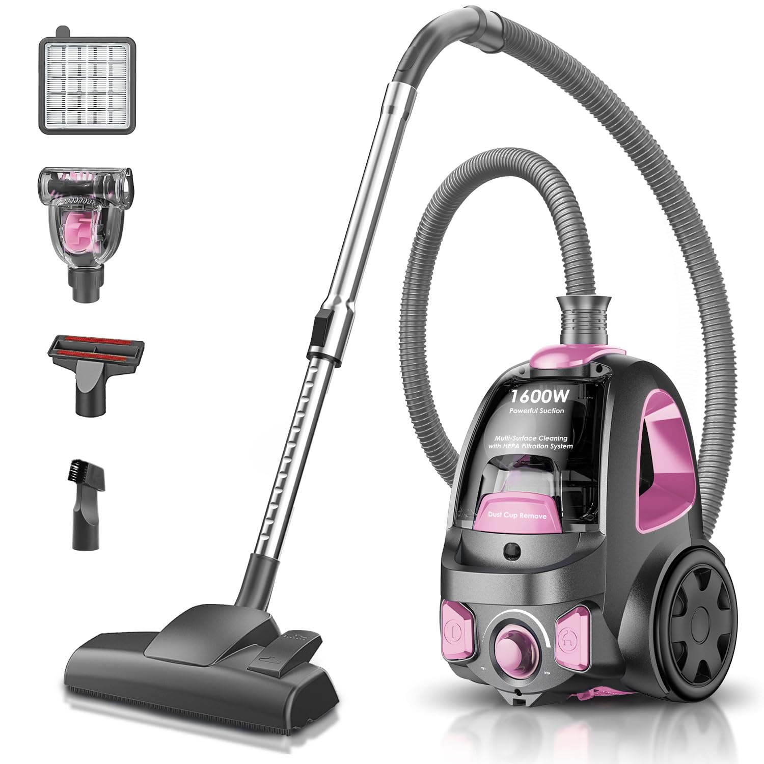 Canister Vacuum Cleaner, 40Kpa 1600W Cyclon Power Bagless Canister Vacuum Cleaners for Home, 3.7QT Large Dust Cup, Lightweight Vac for Hard Floors, Carpets, Pet Hair, Pink