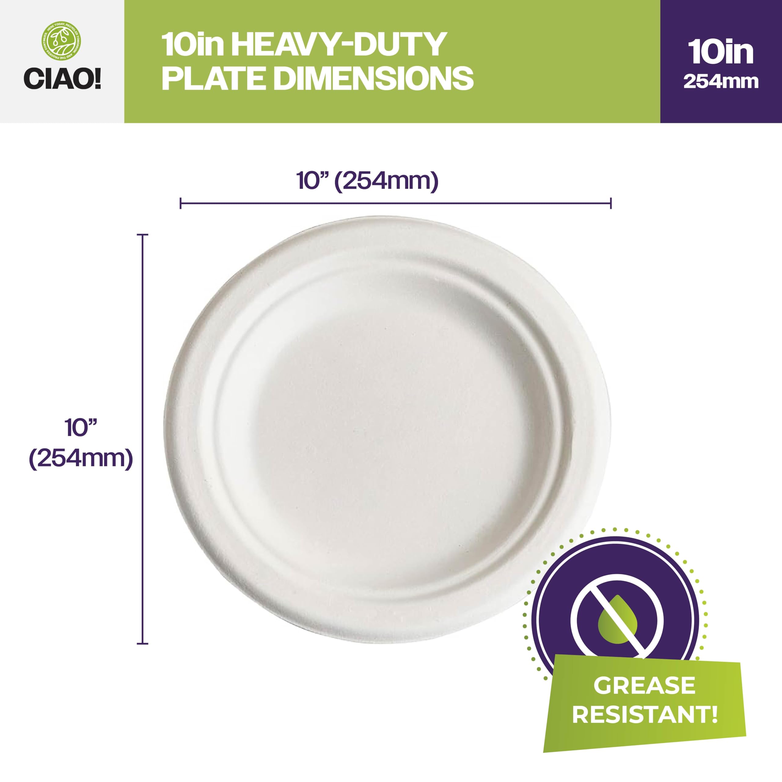 CIAO! Plato resistente de 25,4 cm, 100 % compostable, sin PFAS, bagazo sin blanquear, color blanco natural (paquete de 500)