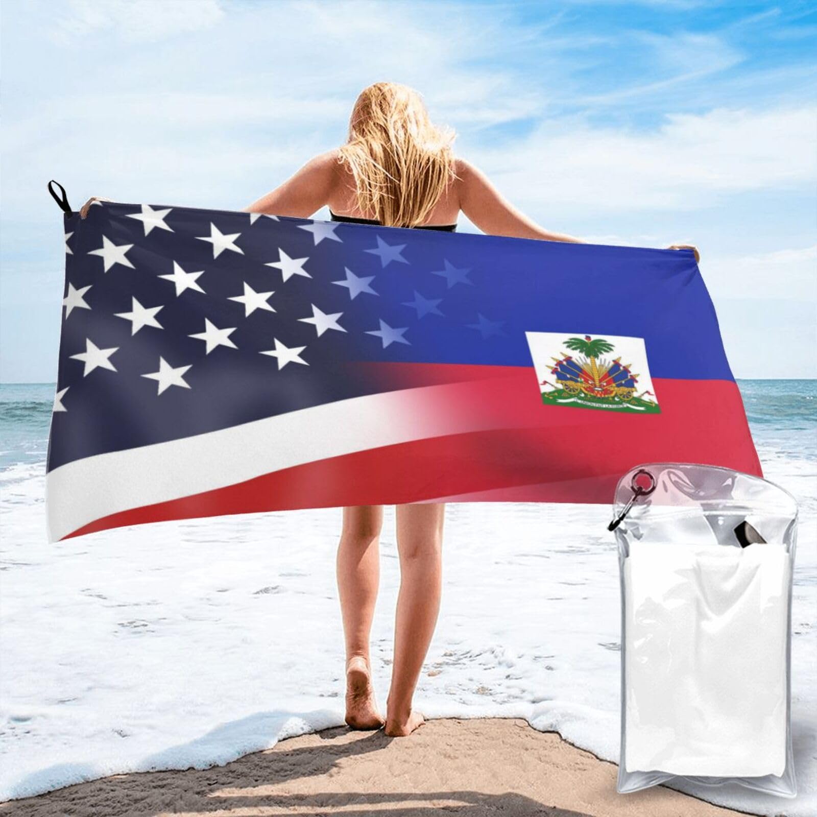 HACXZ Funny America Flag and Haitian Flag Absorbent Beach Towel Microfiber Beach Shower Towel 27.5"X55"
