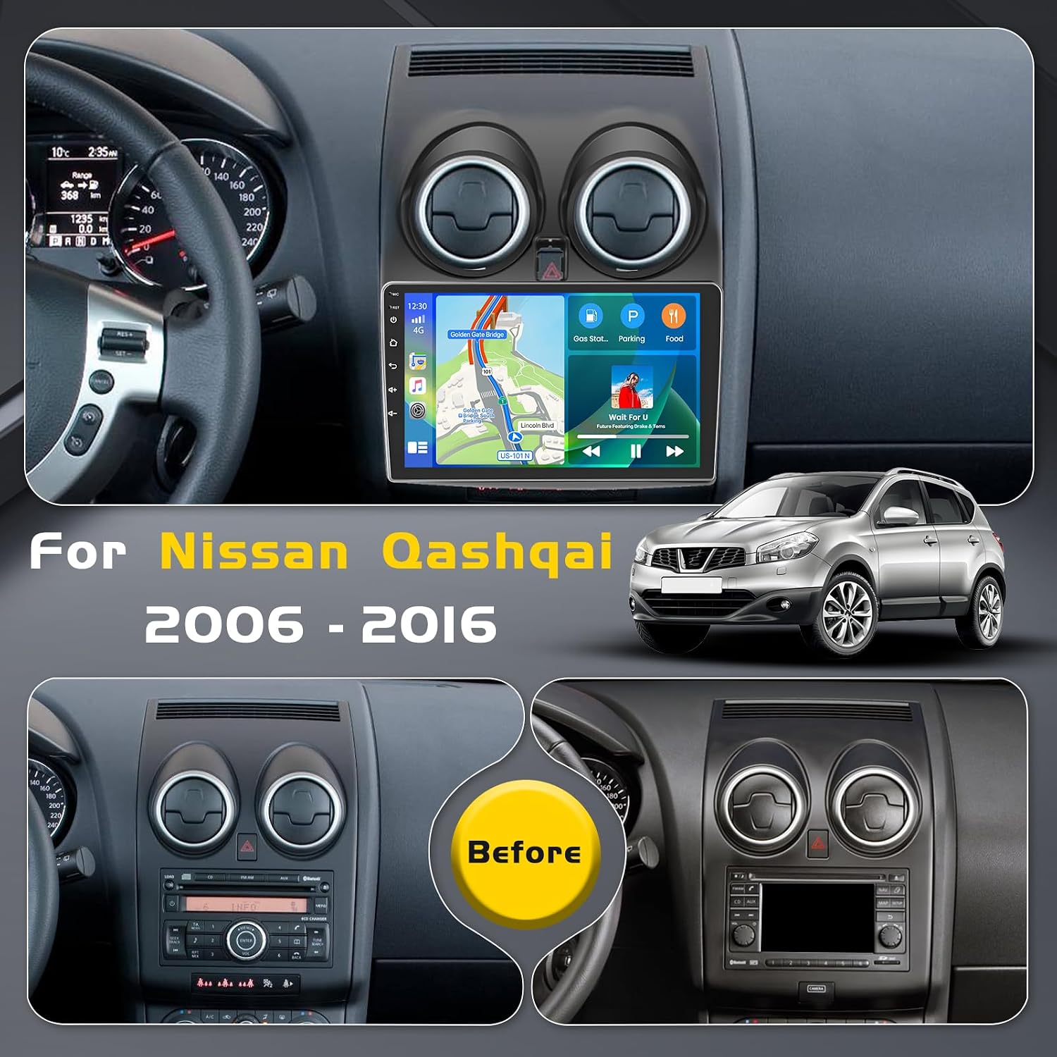 Inefala 4G+64G Android 15 — автомобильный стереомагнитофон для Nissan Qashqai 2006–2016 годов выпуска с поддержкой беспроводных функций CarPlay и Android Auto, 9-дюймовым сенсорным экраном, Bluetooth, GPS, Wi-Fi, DSP, RDS, микрофоном и задней камерой