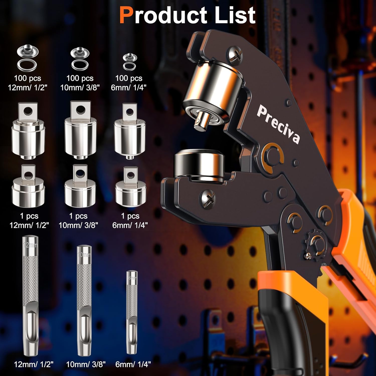 Preciva 3-Size Grommet Tool Kit - 1/2" 1/4" 3/8" Hole Punch & Eyelet Setting Tool with 300Pcs Grommets | Handheld Eyelet Plier for Tarps, Tents, Canvas, Vinyl & Leather Crafting