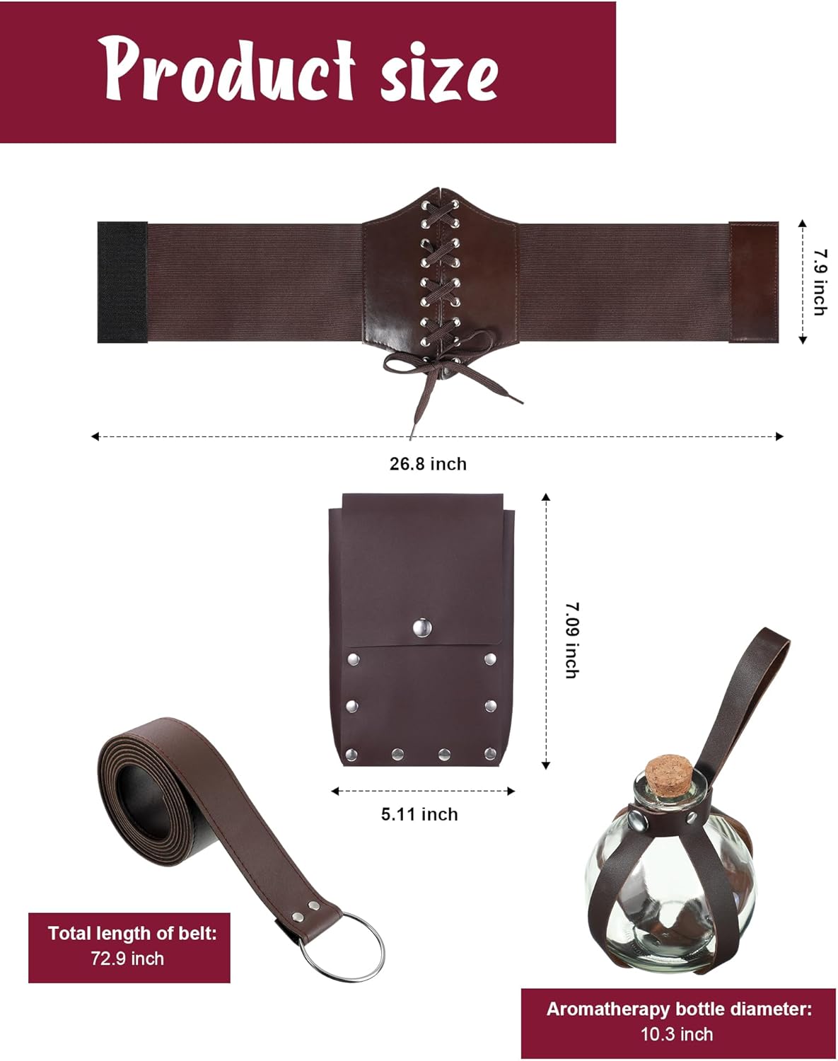 Crowye 5 Pcs Renaissance Medieval Costume Dress Women Fairy Dress Leather Belt Corset Waist Belt Pouch Potion Bottle