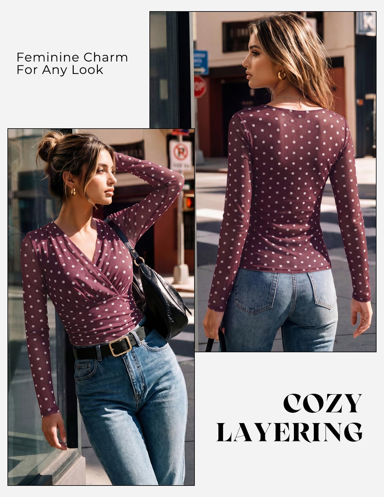 GRACE KARIN Blusa elegante plisada con flores para mujer | Volantes Abdomen Tops Vintage Cuello de Pico Slim Fit Blusa Envolvente Malla Transparente Manga Larga Camisa Otoño Invierno