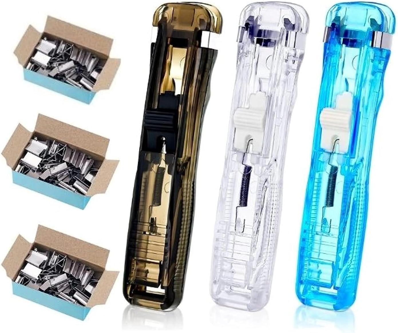 Rendol Enterprise 3 Pack Paper Clam Portable Handheld Paper Clip Dispenser 30 Sheet Capacity with 150 Pcs Silver Clips Fast Paper Clipper for Desk Document Office Home
