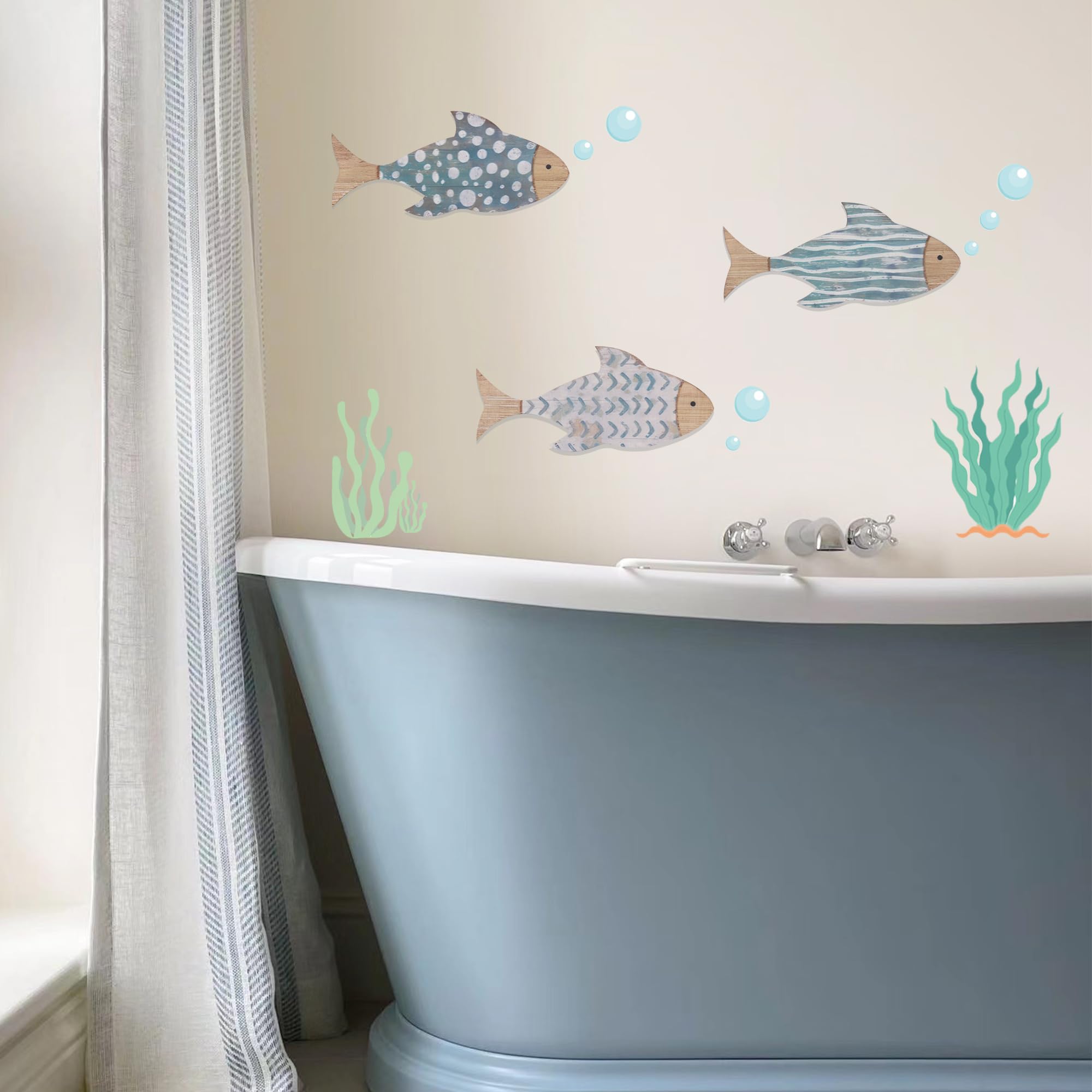 BGJJGT Set van 2 houten vissen wanddecoratie, hangende kust muurkunst decor kust nautische kunst voor thuis, huis aan het meer of oceaan badkamer
