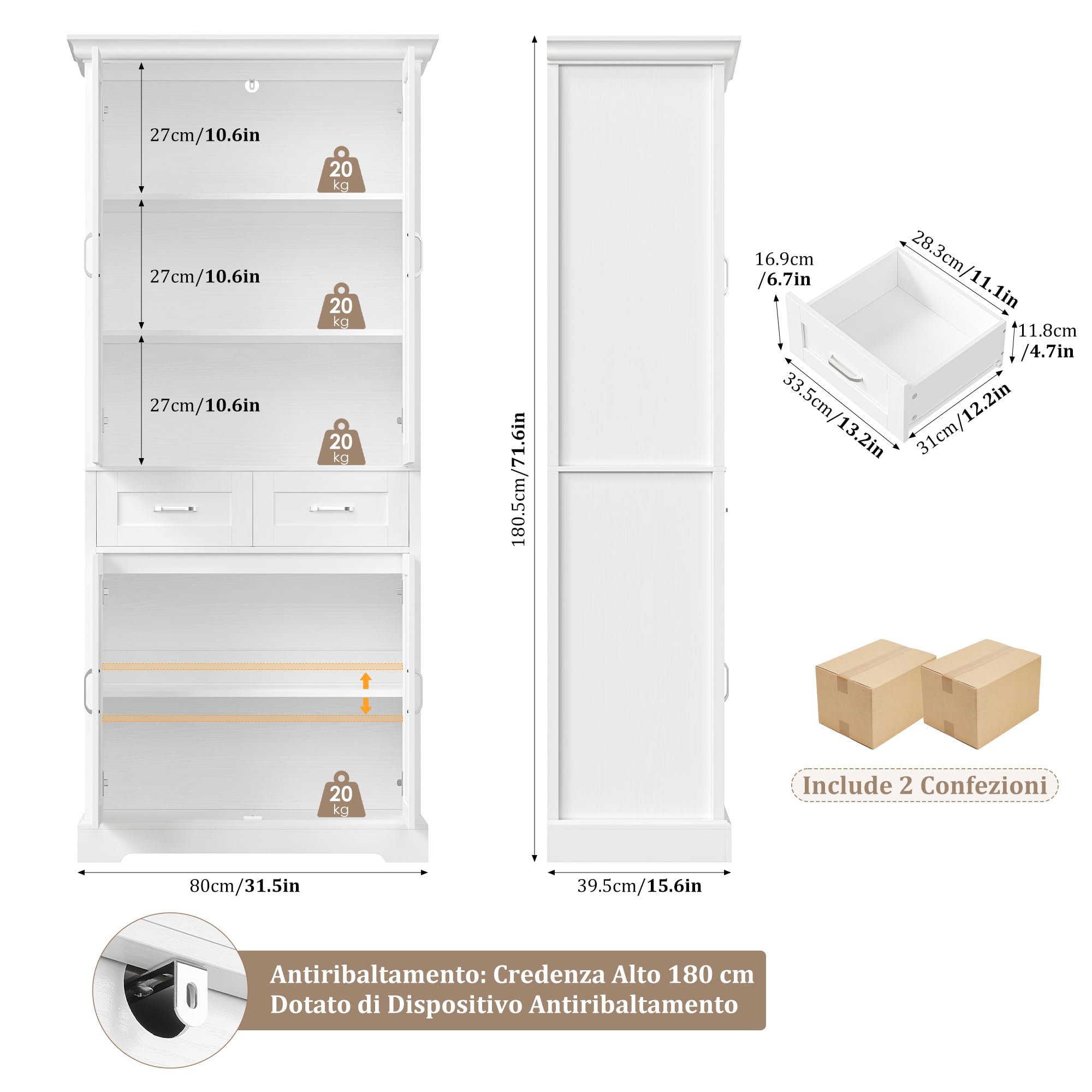 FirFurd 180,5 cm Credenza Cucina, Mobile Cucina con 4 Ante, Mobile Dispensa con 2 Cassetti, Credenza Alta a Ripiani Regolabili, 80x40x180,5cm, Bianco