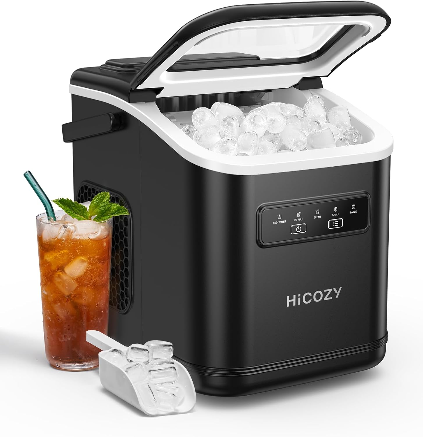 Hicozy Countertop Ice Maker with Handle, Ice in 6Mins, 26 lbs/Day,Portable Ice Maker Machine with Self-Cleaning for Apartment/Under Cabinet/Kitchen/Office/Camping/RV/Home Bar(Black) Black Bullet Ice Maker