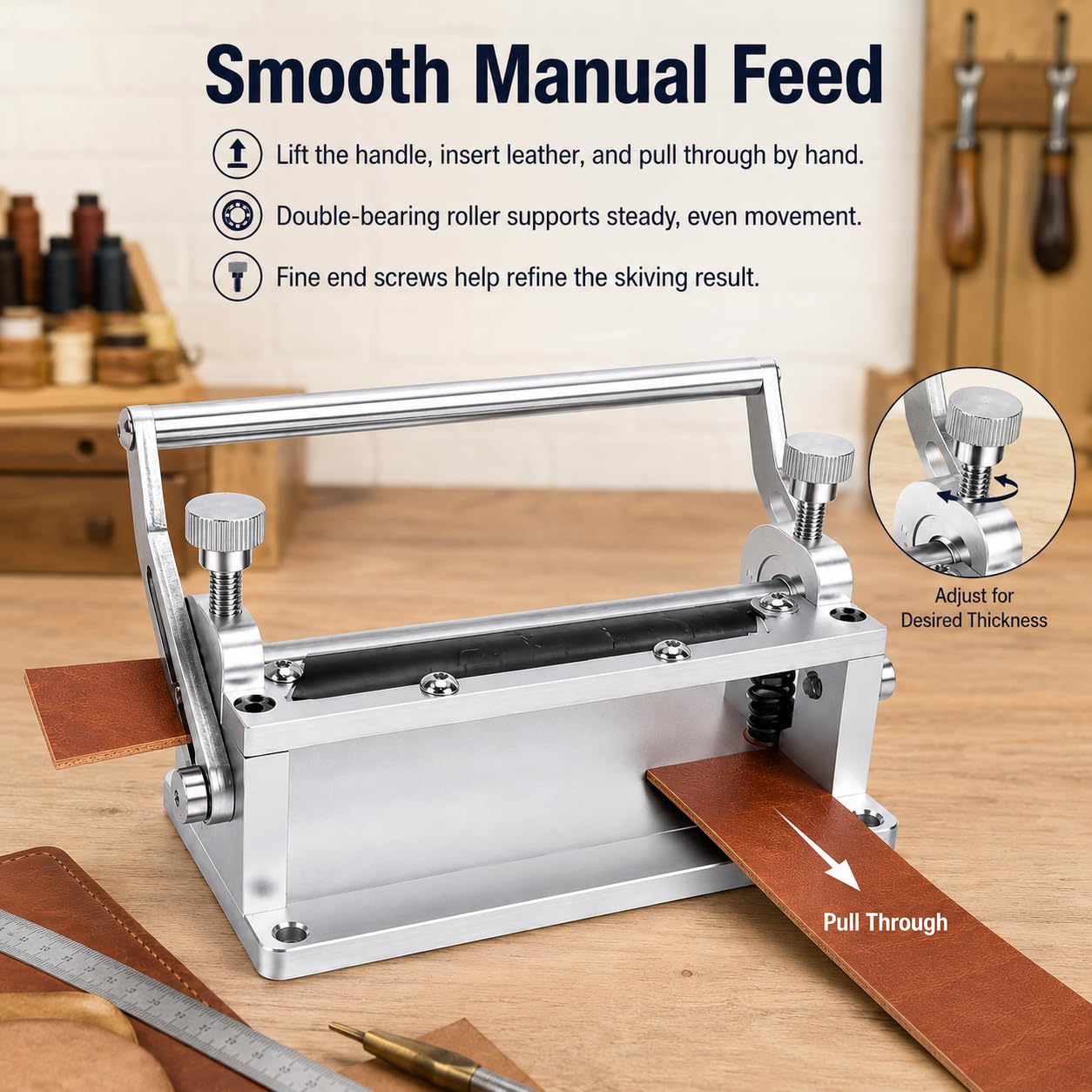 Máquina para pelar cuero manual, 8 cm de ancho, adelgazamiento cuero suave