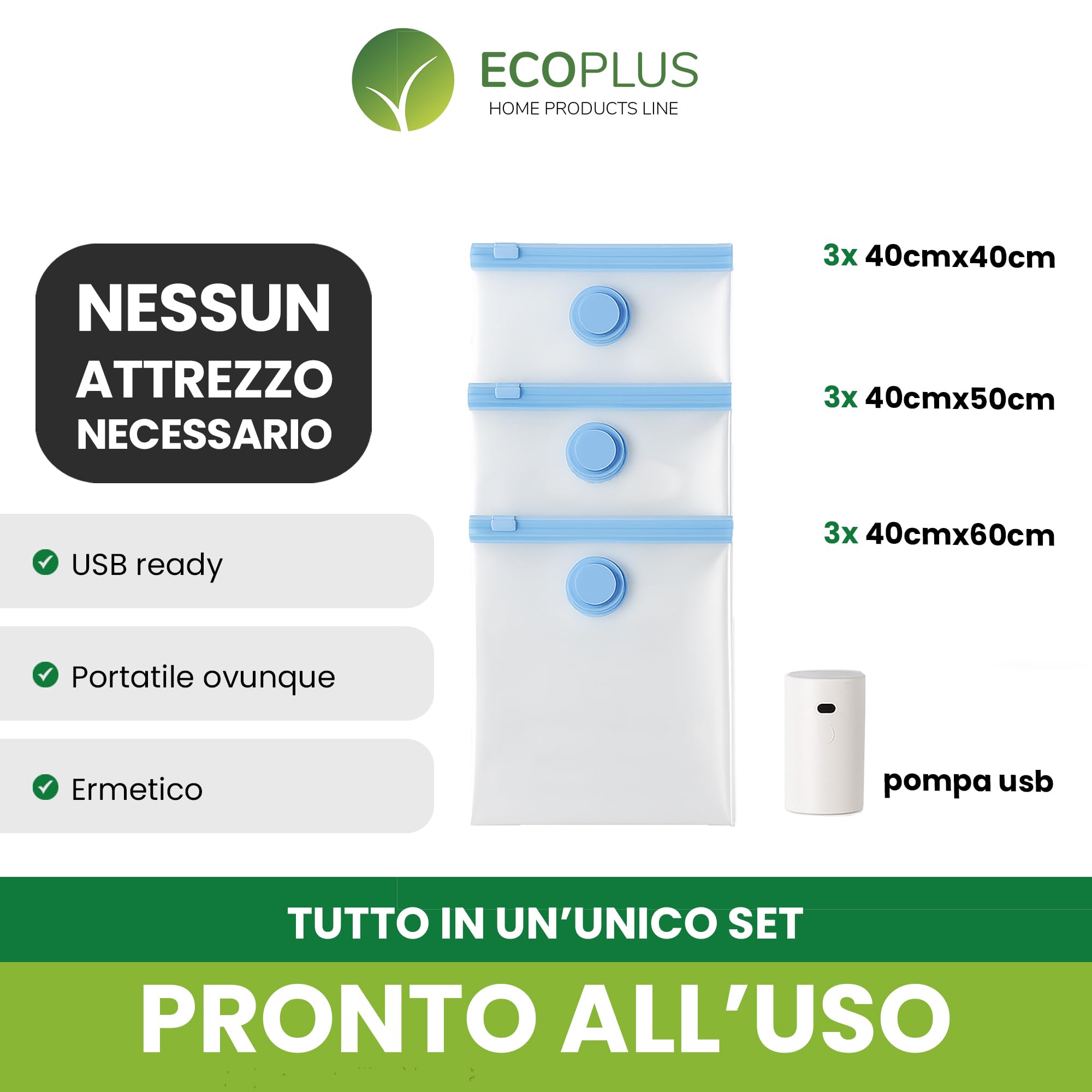 Sacchetti Sottovuoto Vestiti con Pompa Elettrica USB da Viaggio – 9 Buste Sottovuoto Vestiti Riutilizzabili (40x40, 40x50, 40x60 cm) – Sacchi Salvaspazio per Valigia, Armadio e Cambio Stagione