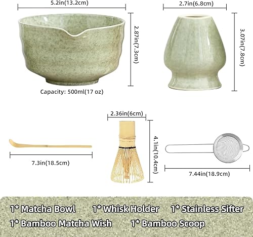 Miniatura 2 de Juego de té matcha, kit ceremonial de 5 piezas con cuenco de cerámica para matcha (chawan), batidor de bambú (Chasen) y soporte, tamiz de acero