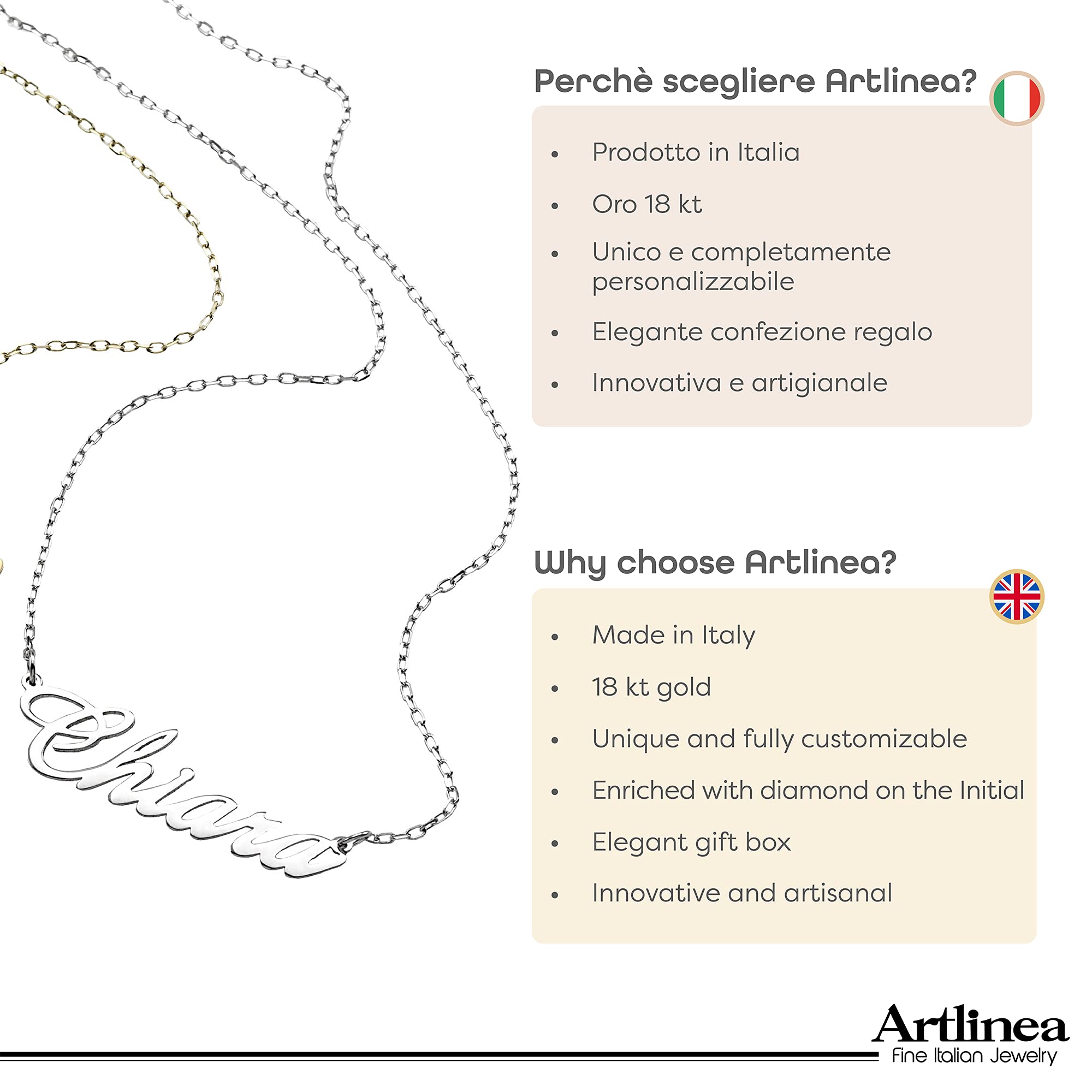 Artlinea, Collana Personalizzabile con il Tuo Nome in Carattere Corsivo, Varie Dimensioni, Lunghezza Catena 43 cm, Chiusura a Moschettone, Oro, Argento, Oro Rosa, Made in Italy