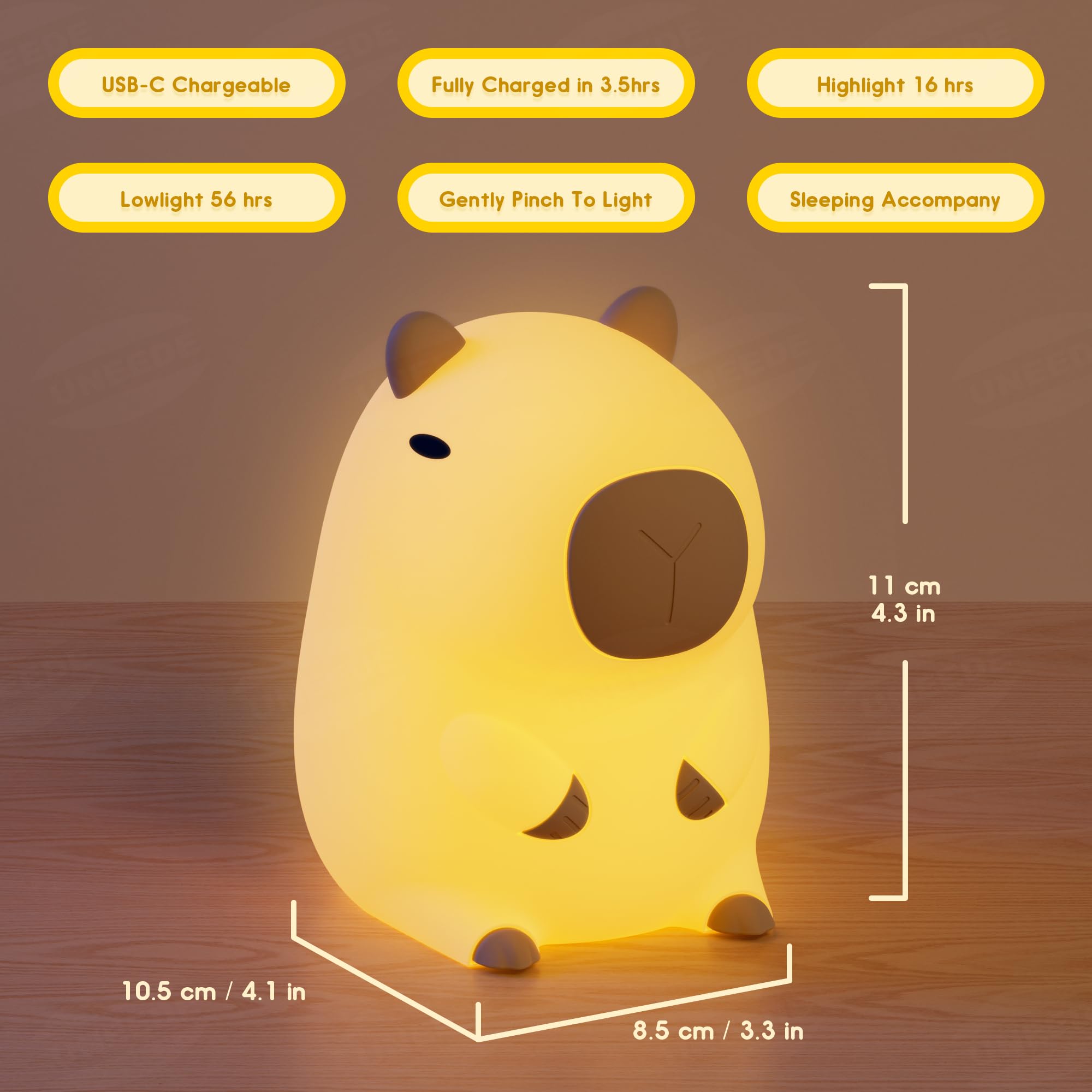 UNEEDE Capybara, luce notturna per bambini, luce notturna in silicone giallo, con orecchie di coniglio, ricaricabile touch LED, dimmerabile, regalo per Natale