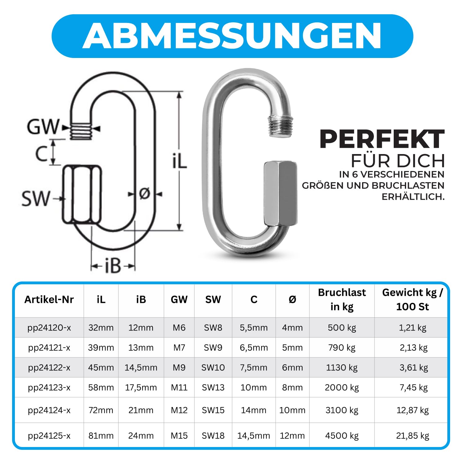 A4 Edelstahl Schraubverbinder | 6mm - 2 Stück | 1130kg Bruchlast | Rostfreier AISI 316 Schraubkarabiner | Kettenverbinder oder Kettennotglied