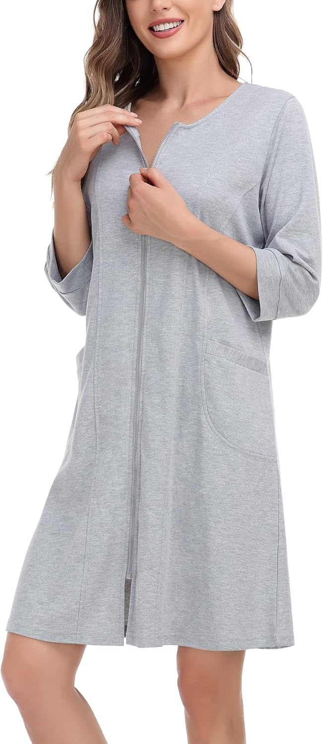SWOMOG Women Zip Up Robe 3/4 Sleeve Housecoat Soft Cotton Zipper Front Nightgown Loungewear with Pockets - Image 4