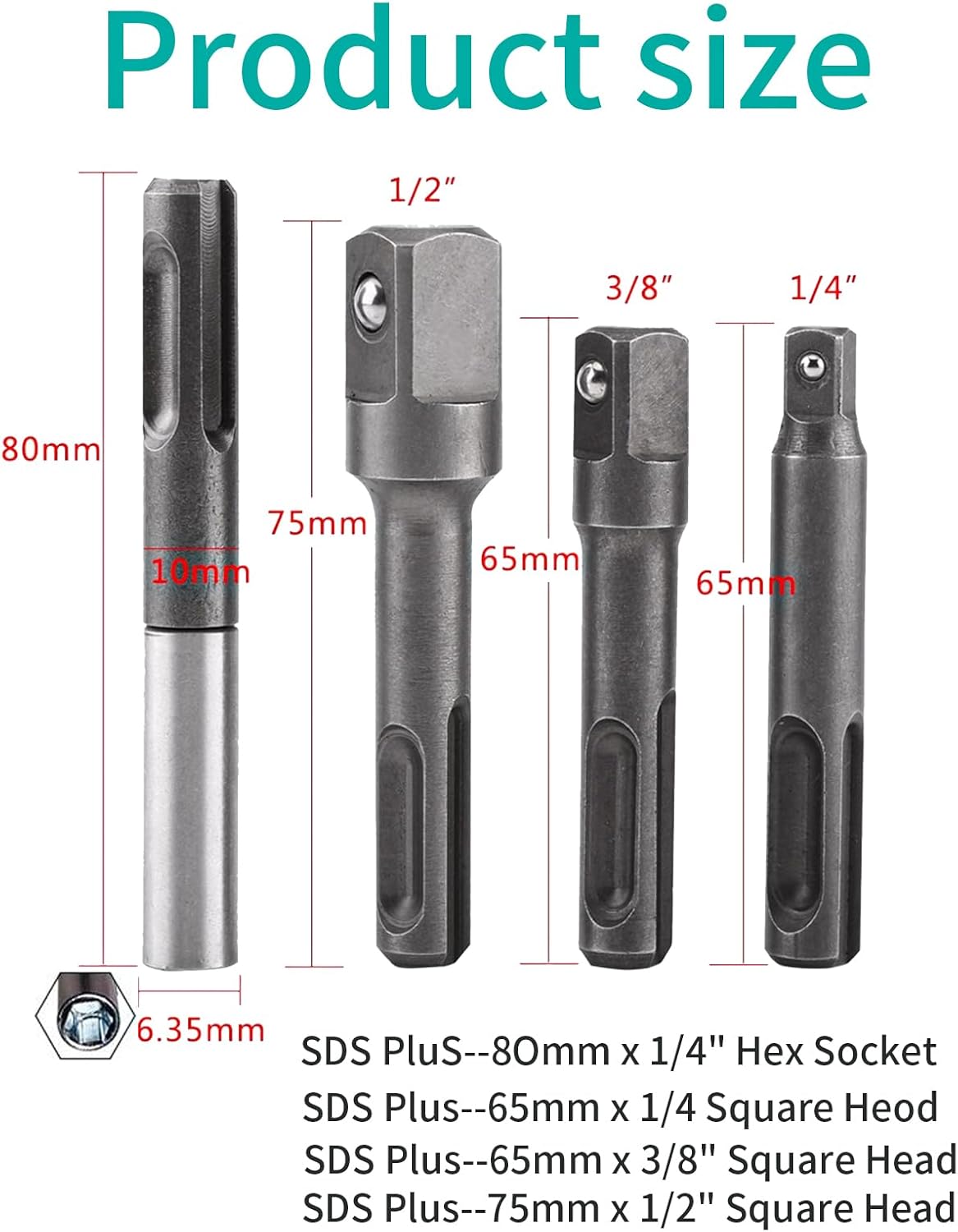 JUSTHERE 4 pcs SDS Plus Socket Adapter Set, 1/4" Hex Socket Adaptor to 1/4" 3/8" 1/2" Impact Socket Adapter Set, Impact Socket Adaptor, for Drill and Handheld Driv