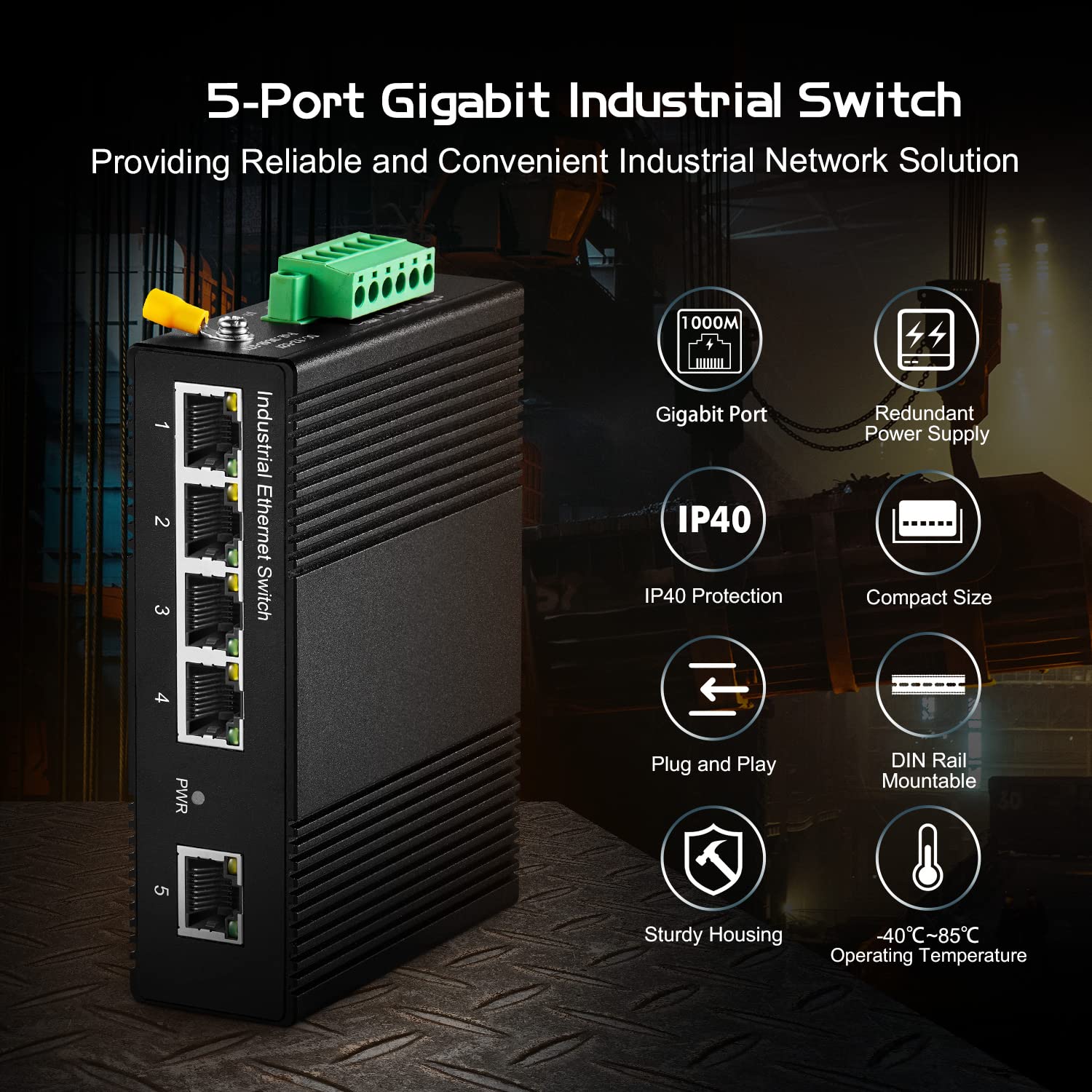 Binardat Switch Ethernet Industry 5 Port Gigabit DIN Rail, 4 Port 1 uplink 10 / 100 / 1000 Mbps, windless Fan Wall Mount, with a Power Supply...