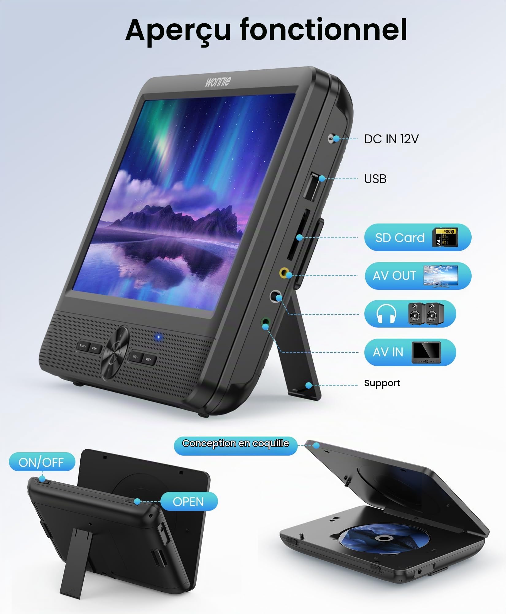 WONNIE Lecteur DVD portable de 10 pouces avec deux films différents ou identiques avec 2 supports d'appui-tête, batterie rechargeable 5H, dernier stockage, sortie/entrée AV
