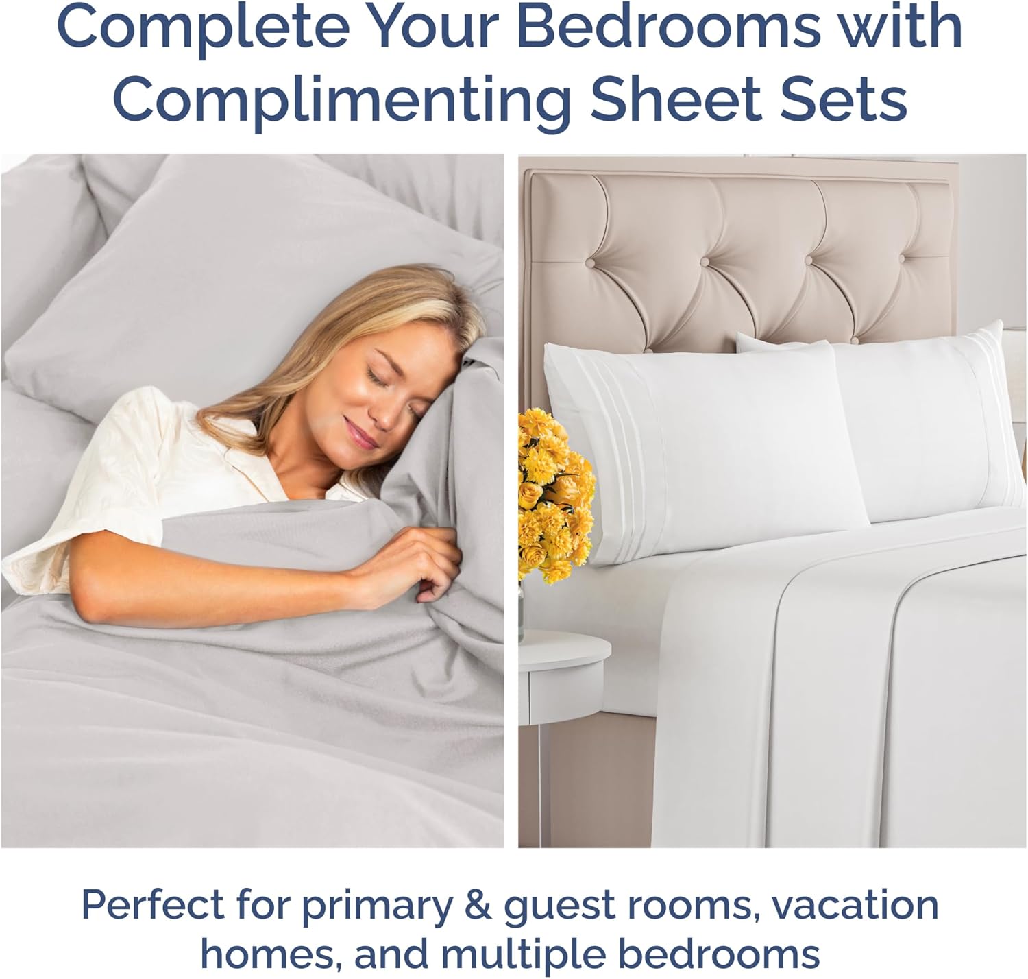 King French Grey Sheet Set & King White Sheet Set Bundle - Two King Bedding Sets w/ Flat Sheets, Fitted Sheets & Pillowcases - Hotel Luxury Quality - Comfy, Cooling Sheets Set (French Grey & White)