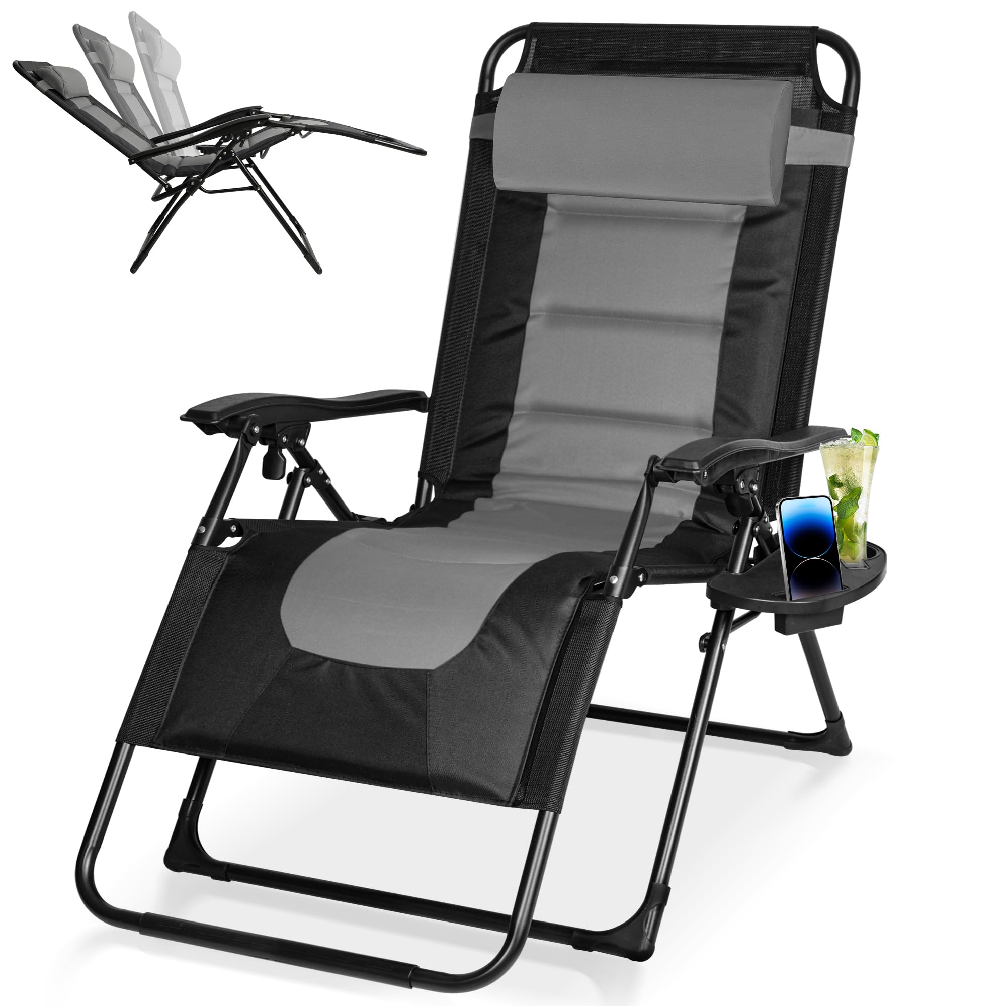 Składany leżak ogrodowy do opalania z regulowanym oparciem, poduszką pod kark oraz uchwytem na napoje, wytrzymały leżak relaksacyjny ogrodowy balkonowy, maksymalne obciążenie 150 kg (szary)
