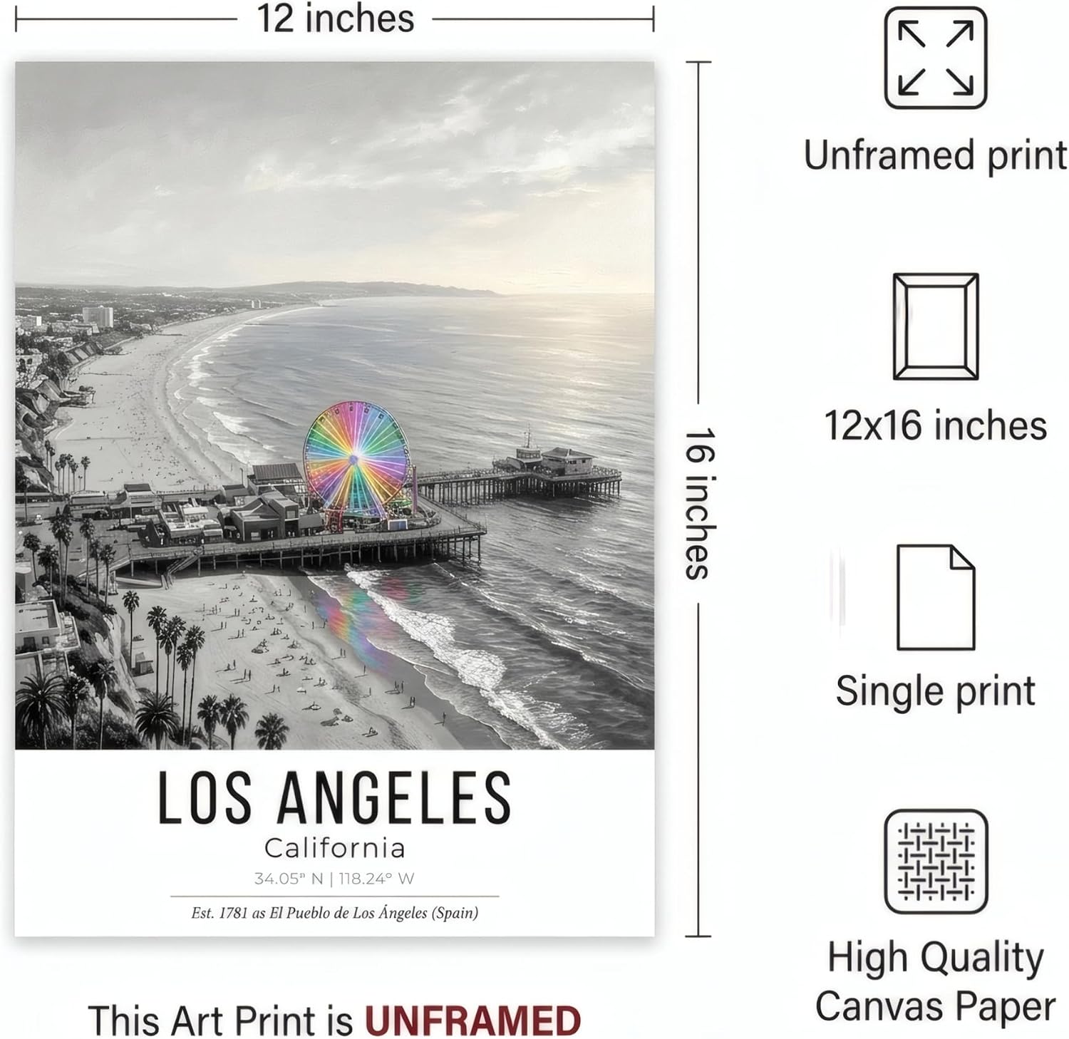 VeroTin Santa Monica Pier Coastal Wall Art - La La Land Poster UNFRAMED