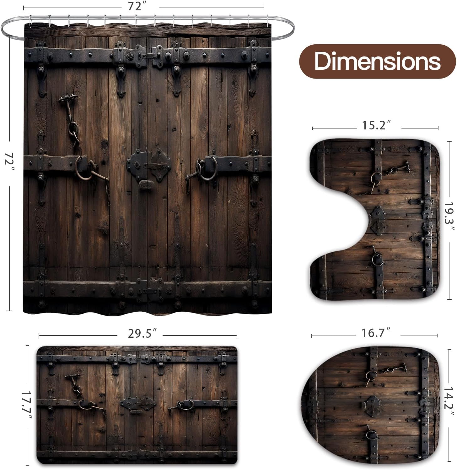 Litabel 4 Pcs Vintage Wooden Door Shower Curtain Set with Non-Slip Rugs, Toilet Lid Cover and Bath Mat, Farmhouse Bathroom Decor Set with Shower Curtain and Rugs(Hooks Not Included)