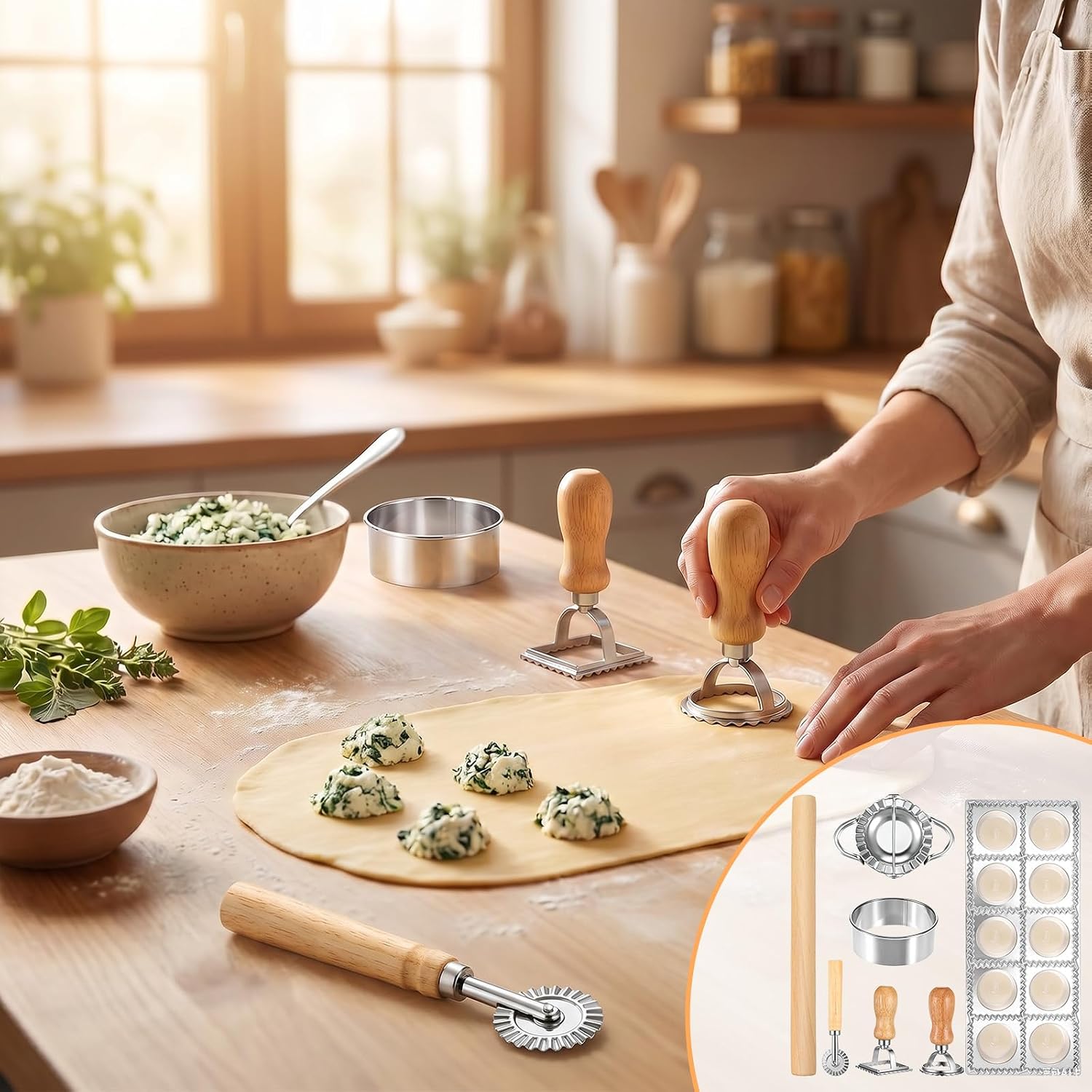 7 Pcs Ravioli Cutter Set with Wood Handle Ravioli Maker Press Mold Kit Includes Rolling Pin Round Square Wheel Cutter Empanada Press for Homemade Pasta Dumplings