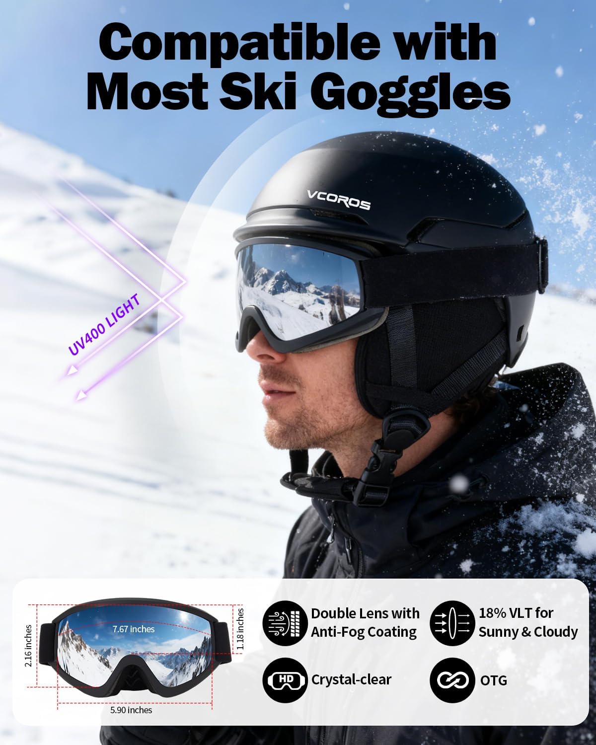 VCOROS Adult Ski Helmet with Goggles Set, Lightweight DXH-811 Snow Sport Helmet for Men and Women, Durable PC Shell, Shockproof Snowboard Helmet for Skiing Snowboarding Snowmobile