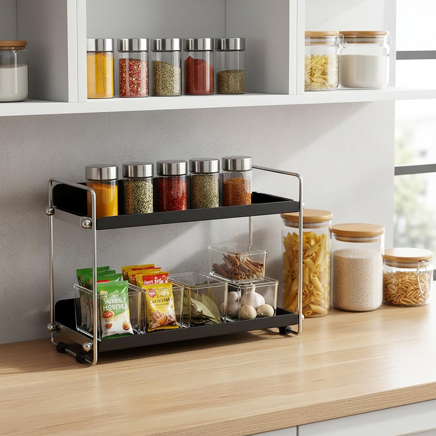 2 Tier Metal Storage Rack for Under Sink, Kitchen Counter and Cabinet Organizer Shelf for Coffee Mugs, Spices (Black)