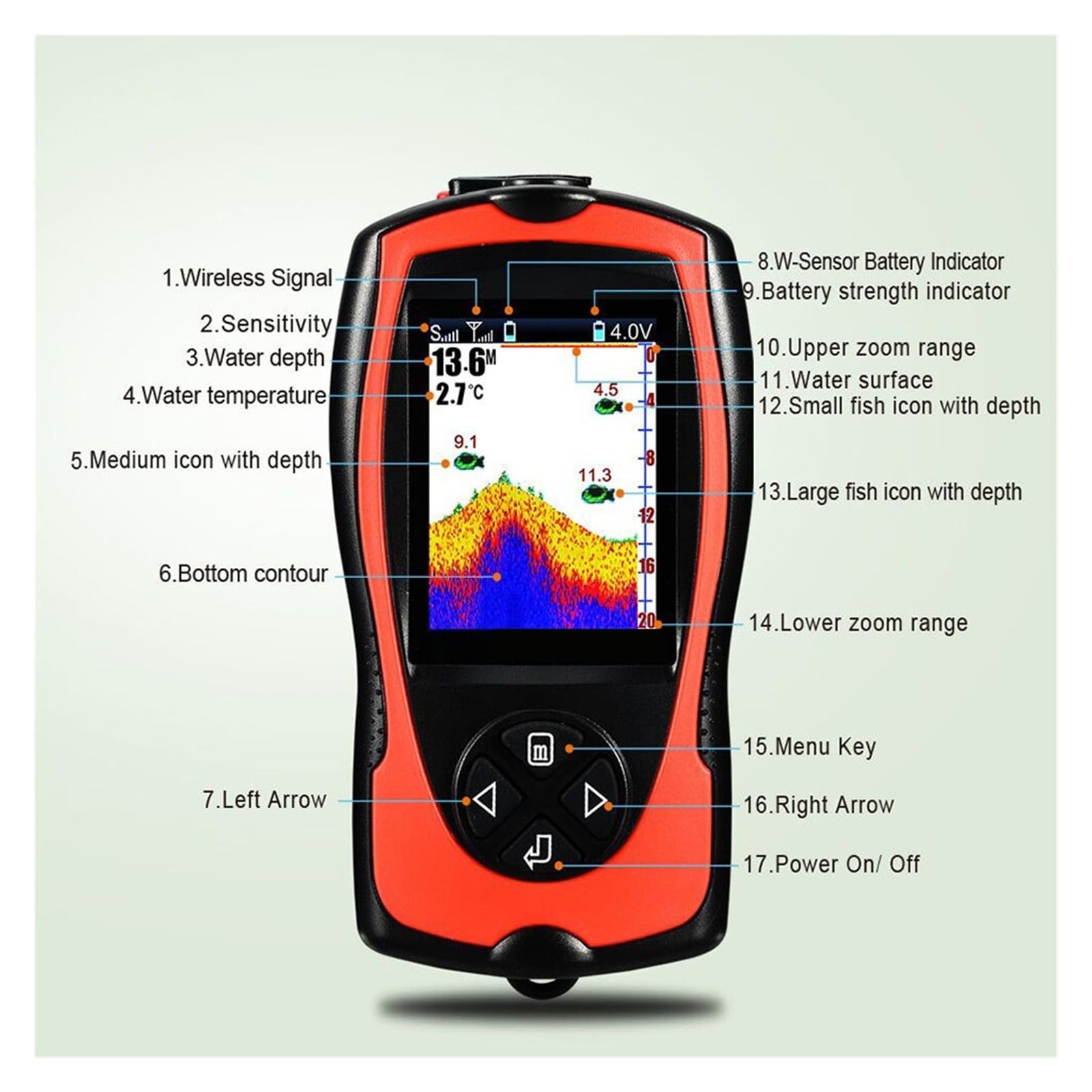 Ecoscandaglio, Ecoscandaglio ricaricabile Sensore sonar cablato/wireless Display a colori for la pesca Profondità massima dell'acqua 45 M(FF1108-1CT)