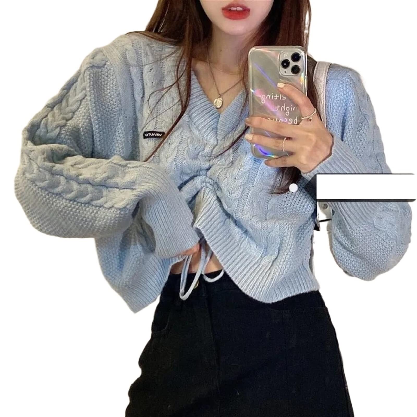 PROPFEPROPFE Houndstooth Sweater， Women's Short Sweater, Knitted Clothes With Lace Design And Everything, V-neck Tight Sweater (Size : Large)