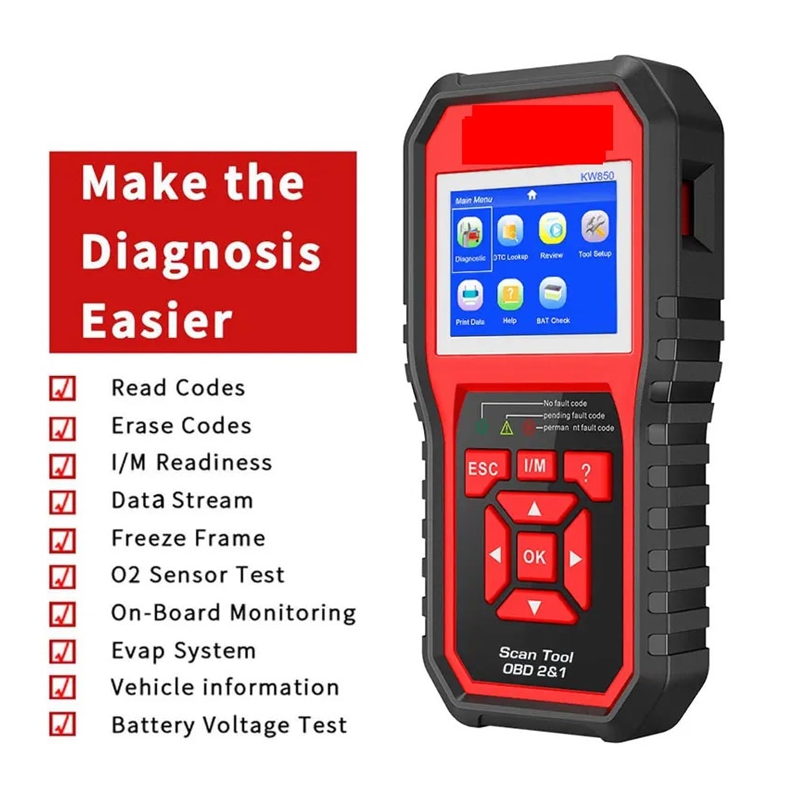 KW850 OBD2 Car Scanner Profesjonalne narzędzia diagnostyczne skanera samochodowego OBD 2 Czytnik kodów samochodowych Kontrola akumulatora silnika,Przyjazny dla użytkownika