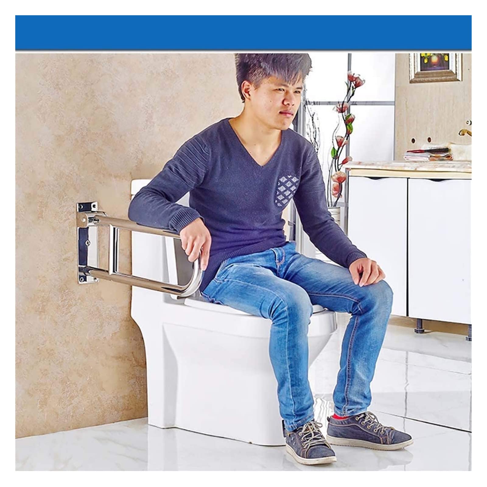 Baño para Agarraderas Barra de seguridad abatible for inodoro de 24 pulgadas, pasamanos de seguridad de acero inoxidable, barra de toalla con asa de seguridad, agarre antideslizante alrededor del inod