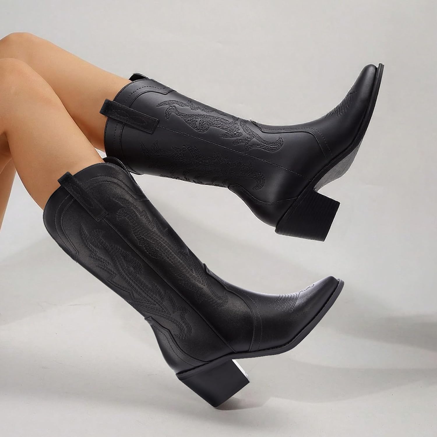 Women's Cowboy Boots Pointed Toe Western Boots Embroidered Mid-Calf Chunky Block Heel Cowgirl Boots - Image 7