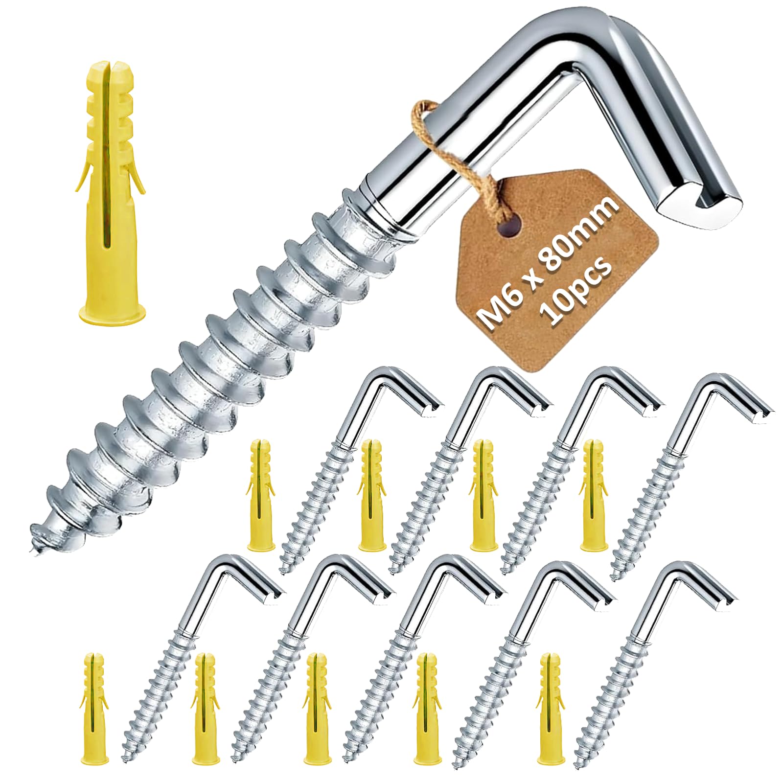 10Pcs Screw in Hooks, Wall Hooks Heavy Duty-25kg Loaded, for Hanging Picture Towel, Metal Washing Line/Cup/Bathroom/Door/Hook, Coat Hooks Wall Mounted, with Expansion Bolts,1/L Shape, M6 x 80mm — image 1