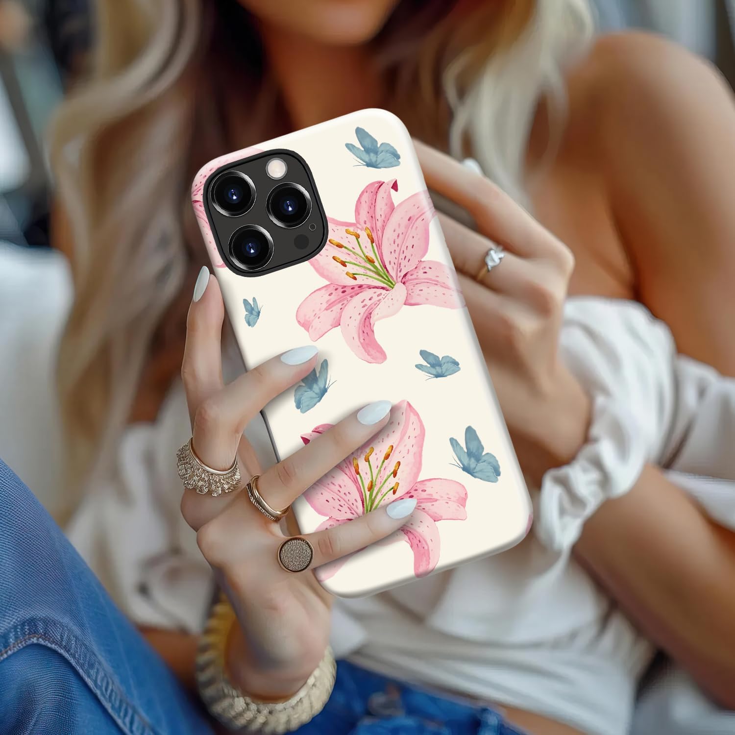 MERRO for iPhone 16 Pro Case - Wireless Charging Compatible - Dual-Layer Hard Shell & Silicone Cover - Protective Phone Case with Cute Wildflower Designs for Women - Lily Blossom - Image 6