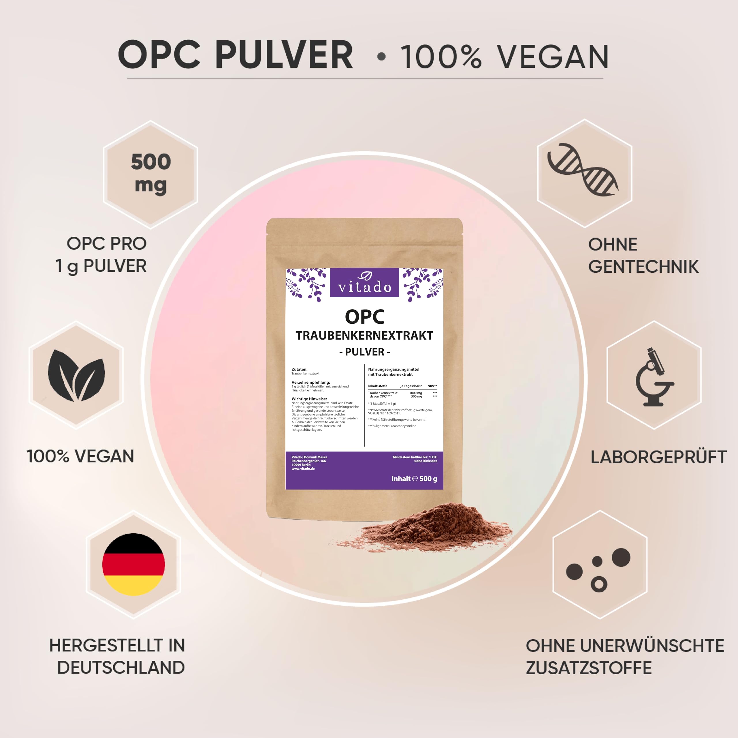 OPC Traubenkernextrakt hochdosiert - 500g OPC Pulver ohne Zusatzstoffe - Made in Germany - Laborgeprüft - Vegan