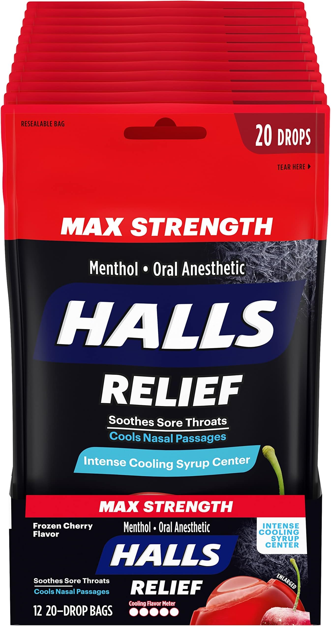 HALLS Relief Max Strength Frozen Cherry Throat Drops, 12