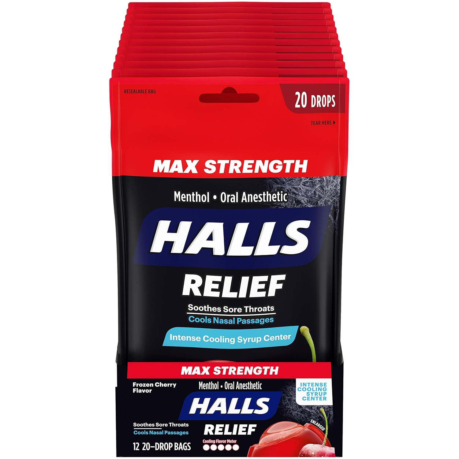 HALLS Relief Max Strength Extra Strong Menthol Throat Drops, Frozen Cherry Flavor, 12 Packs of 20 Drops (240 Total Drops)