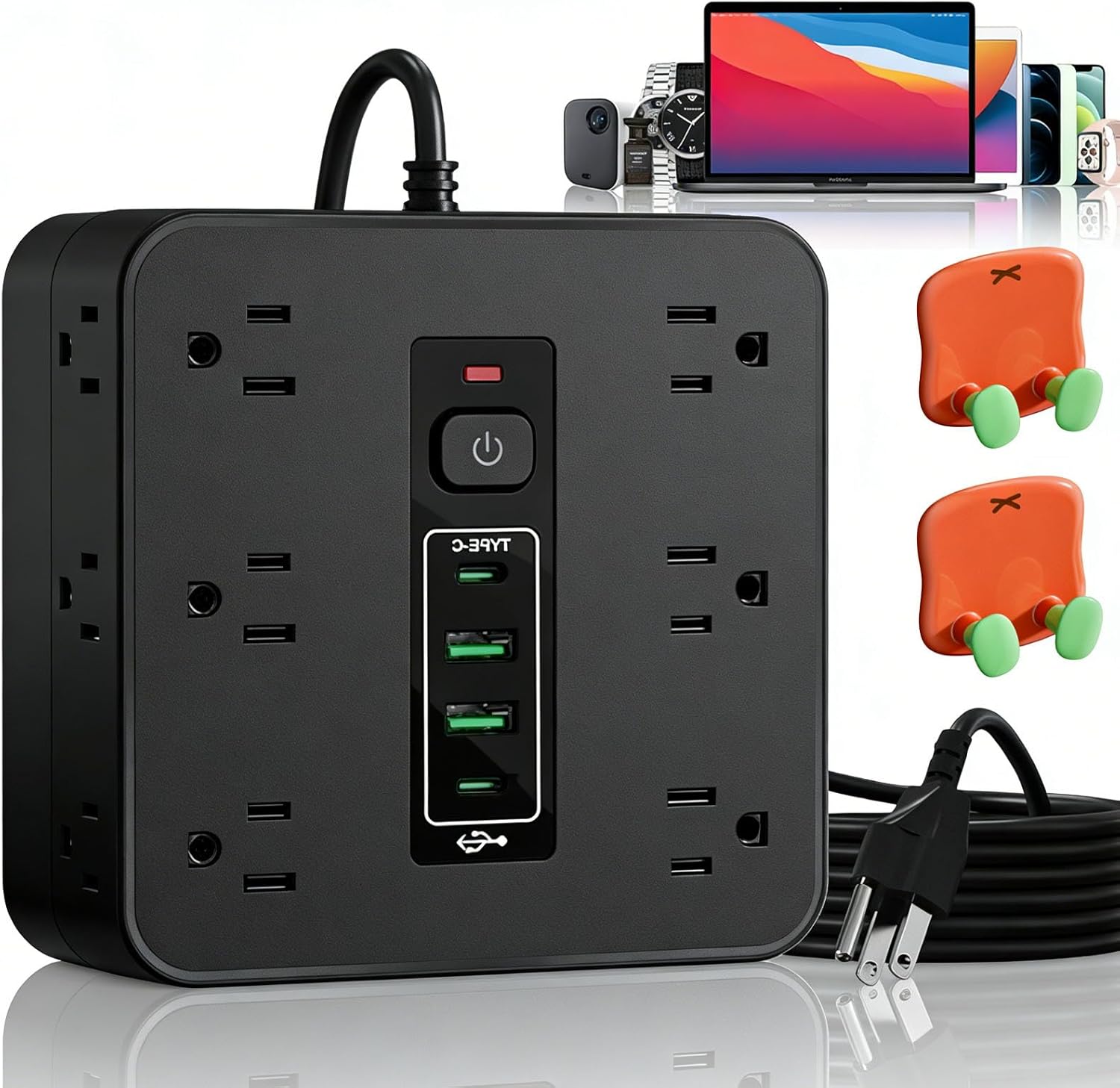 16-in-1 Power Strip with Switch & Surge Protection, 2026 Upgraded Etl Listed Fireproof Power Strip, 16 in One Power Strip Surge Protector with Time Display for Home, Office (Black*1)