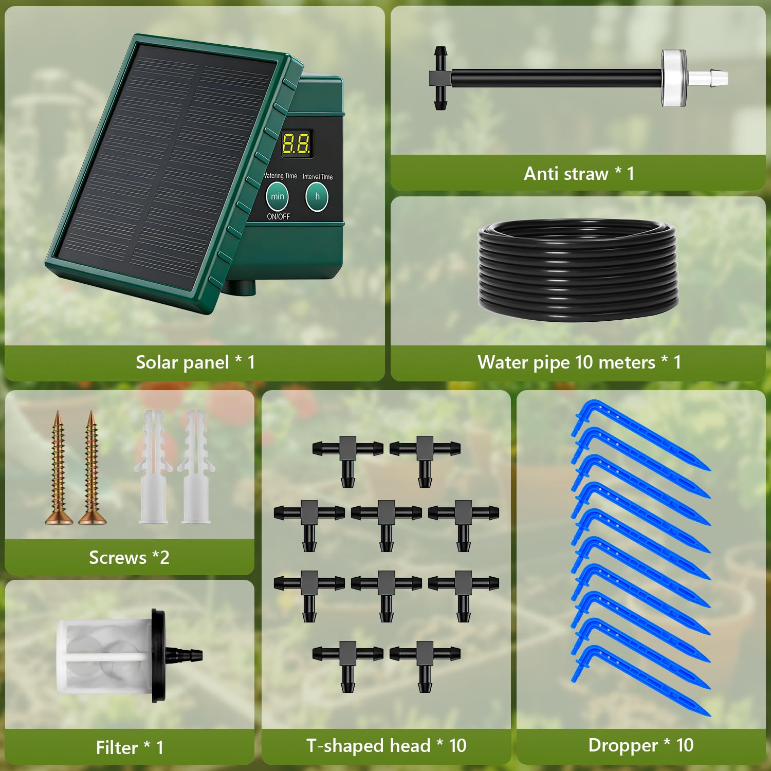 Onherm Solar Bewässerungssystem, Automatische Bewässerung Für Außen Garten, Zeitschaltuhr Bewässerung Mit 10M Tropfschlauch, Pflanzen Bewässerung Hochbeet Gewächshaus Zubehör