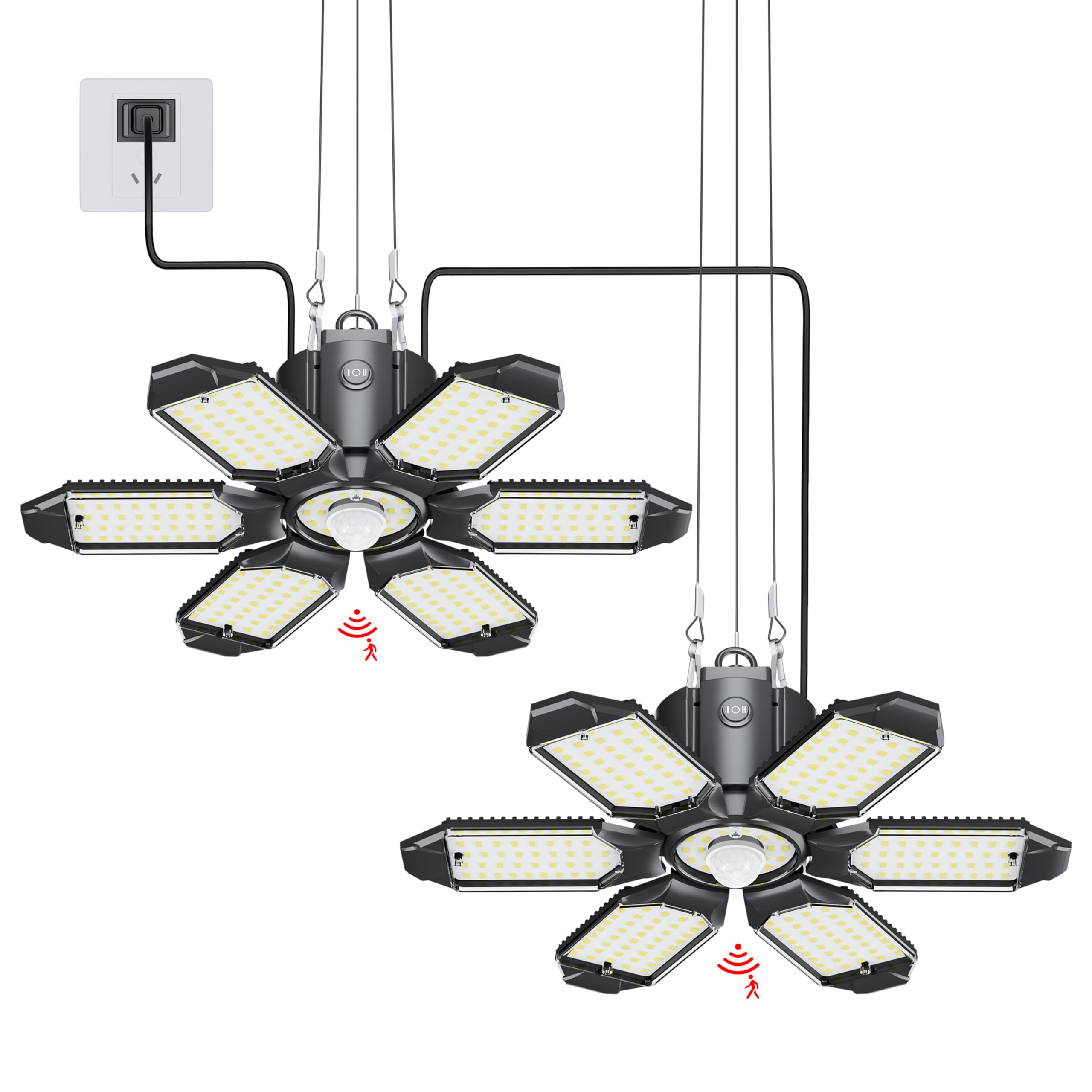 Plug in Garage Light with Motion Sensor - Ultra Bright 200W 20000LM Motion Activated Shop Light with 3 Mode, 6 Deformable LED Panel, Indoor Motion Light Bulb for Garage, Workshop (2 Pack)