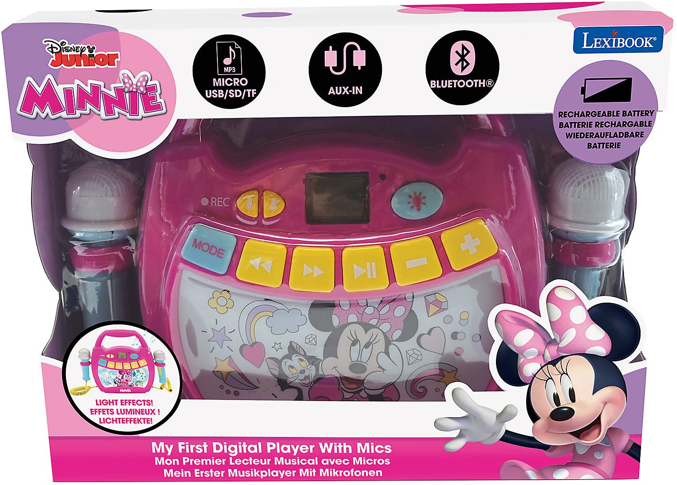 LEXIBOOK, Minnie Reproductor Karaoke, MP320MNZ | Bluetooth, 2 micrófonos, cambiador de voz, función grabación, recargable