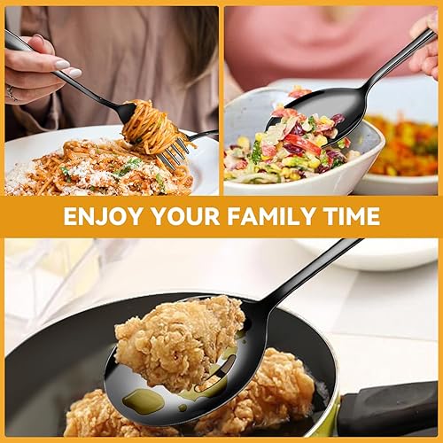 Miniatura 4 de Juego de utensilios de servir de acero inoxidable negro, cucharas grandes de metal, cucharas ranuradas, tenedores, pinzas, cucharas de sopa, cuchara