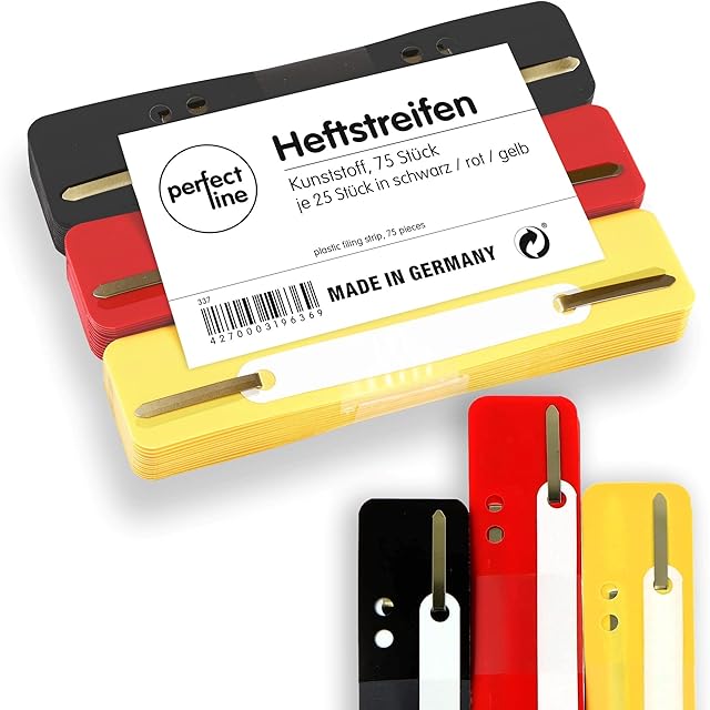 perfect line  75 Filing Strips (3 x 25 Pieces), Recyclable Plastic, Made in Germany (Black, red, Yellow)
