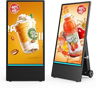 43 Zoll Digitaler Kundenstopper Outdoor 2000 Nits Hohe Helligkeit, IP65 Wasserdicht Digital Signage Display LCD mit Rollen, Wiederaufladbarer Akku, WiFi/USB/HDMI, für Food Trucks, Restaurants