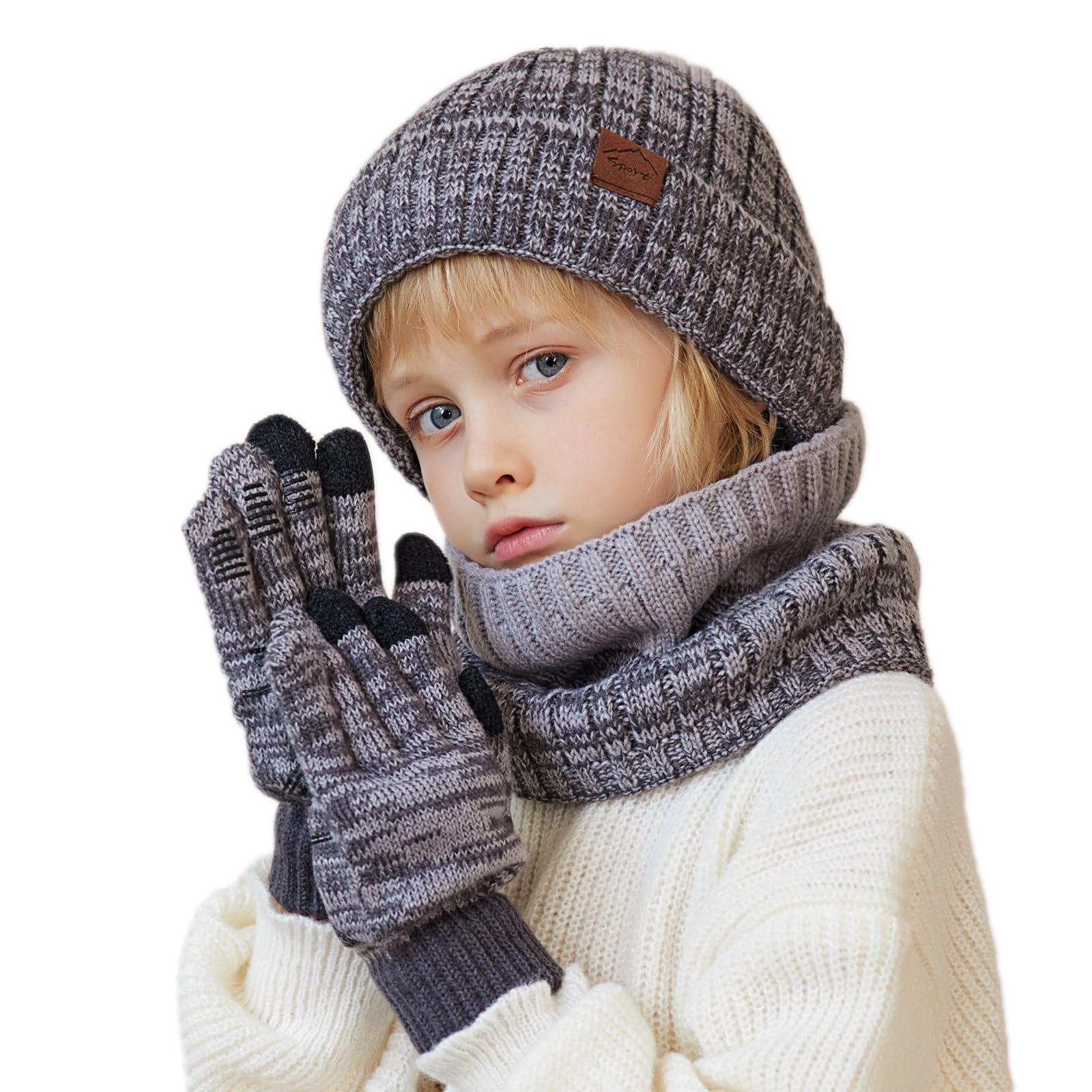 MAZELIKEHOOD Cappello Sciarpa Guanti per Bambino Set 3 Pezzi Invernale per Ragazzi Ragazza Caldo Cappuccio con Paraorecchie Sciarpa e Guanti per Neve Regalo di Natale per Bambini 4-10 Anni