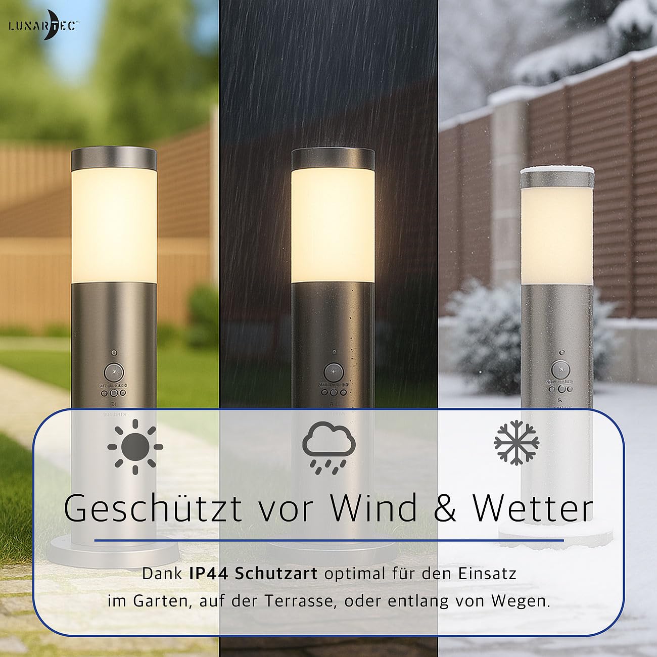 Lunartec Wegeleuchte 230V: 2er-Set Standleuchten, 1-flammig, Bewegungssensor, E27, Edelstahl,IP44 (Außenlampe mit Bewegungsmelder E27, Wegeleuchte mit Bewegungsmelder, Parkplatz)