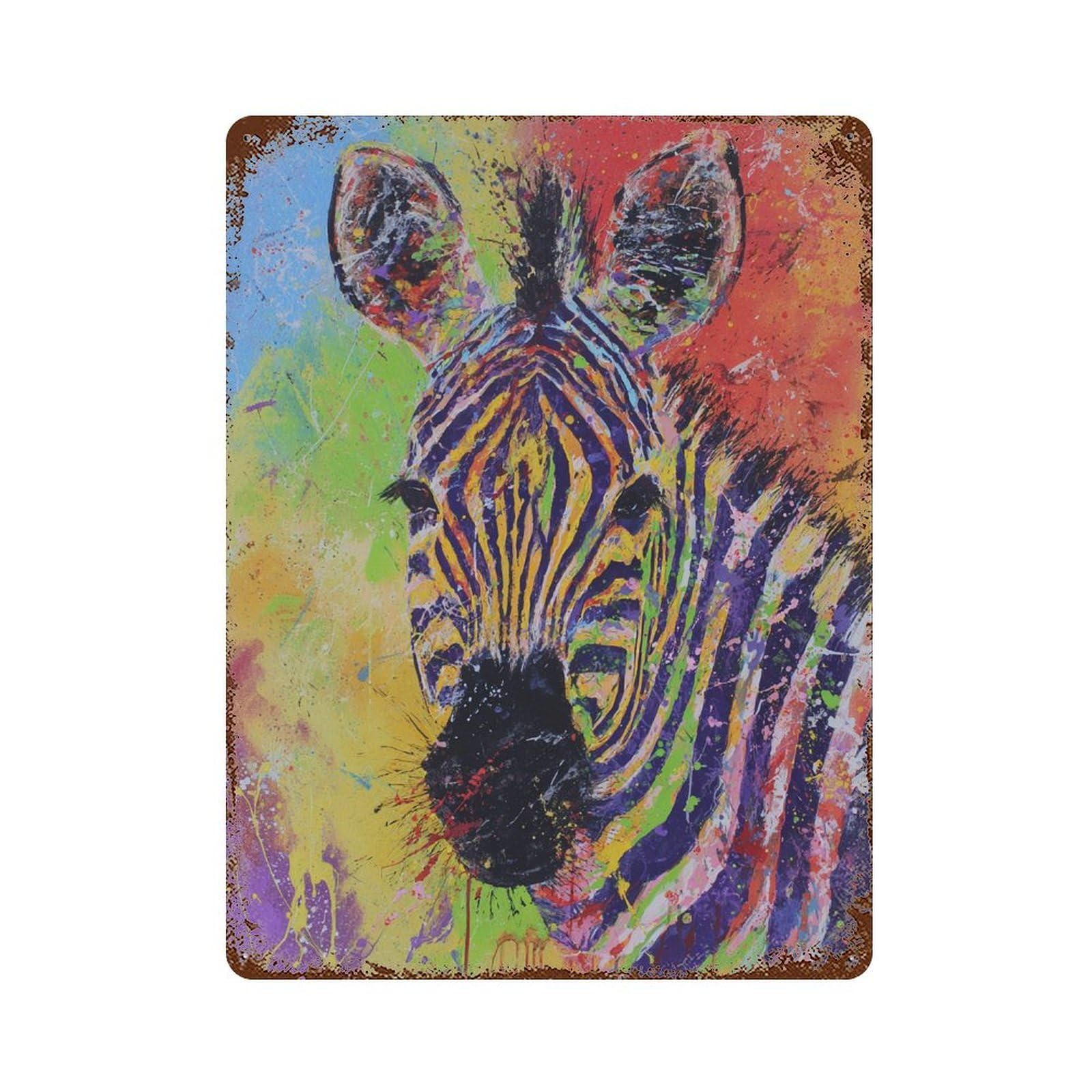 Rust Effect Colorful Zebra Art Print Rusty Metal Tin Sign 15.7"x11.8", Shabby Chic Decor for Garage, Bar And Workshop Decor