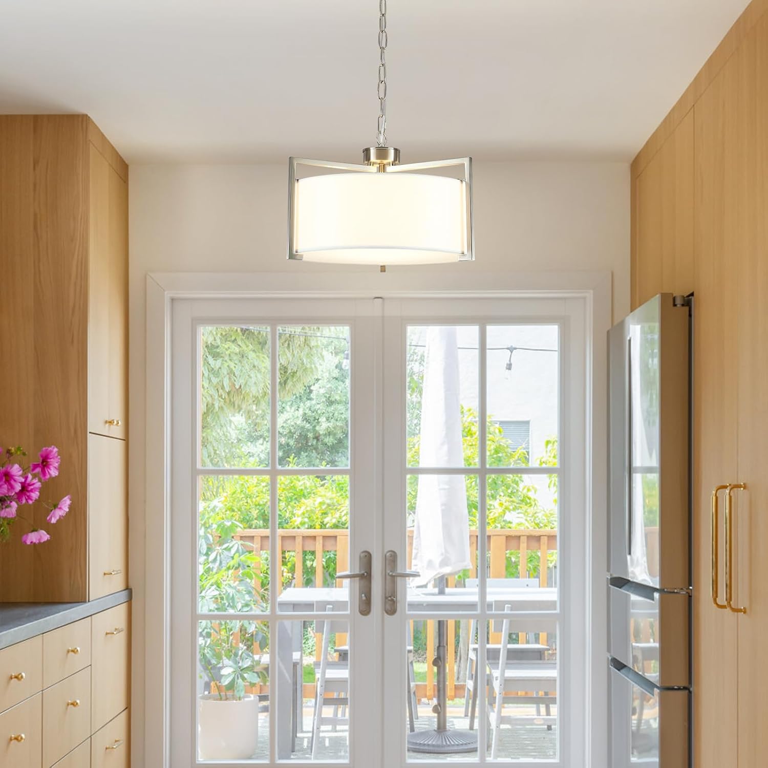 16.5" Brushed Nickel Drum Chandelier, 3-Light Modern Round Light Fixture Hanging Pendant Lighting Drum Lights Chandeliers for Dining Room Kitchen Living Room Bedroom Entryway Foyer, E26